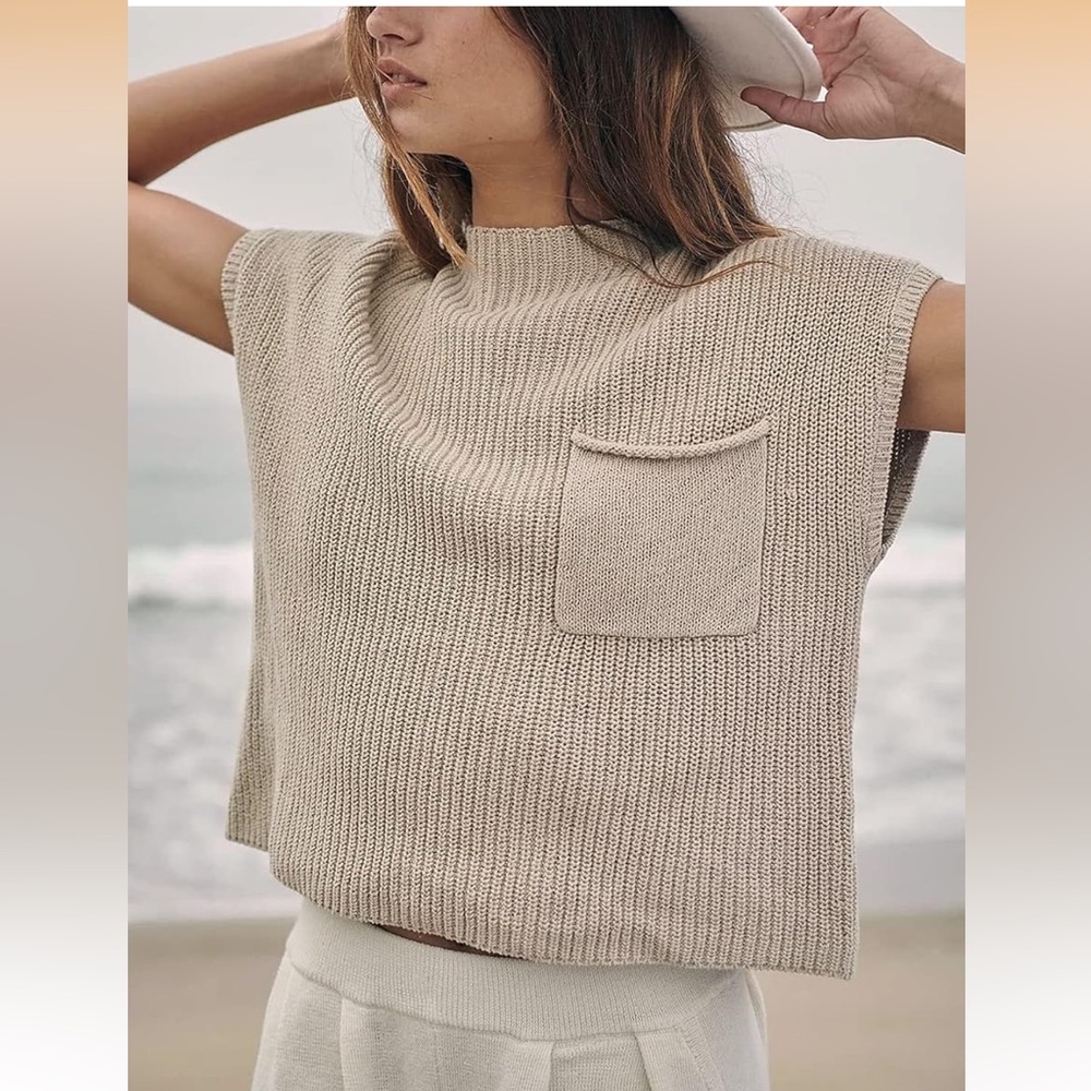 Soft Knit Casual Solid Mock Neck Short Sleeve Women’s Top with Pocket